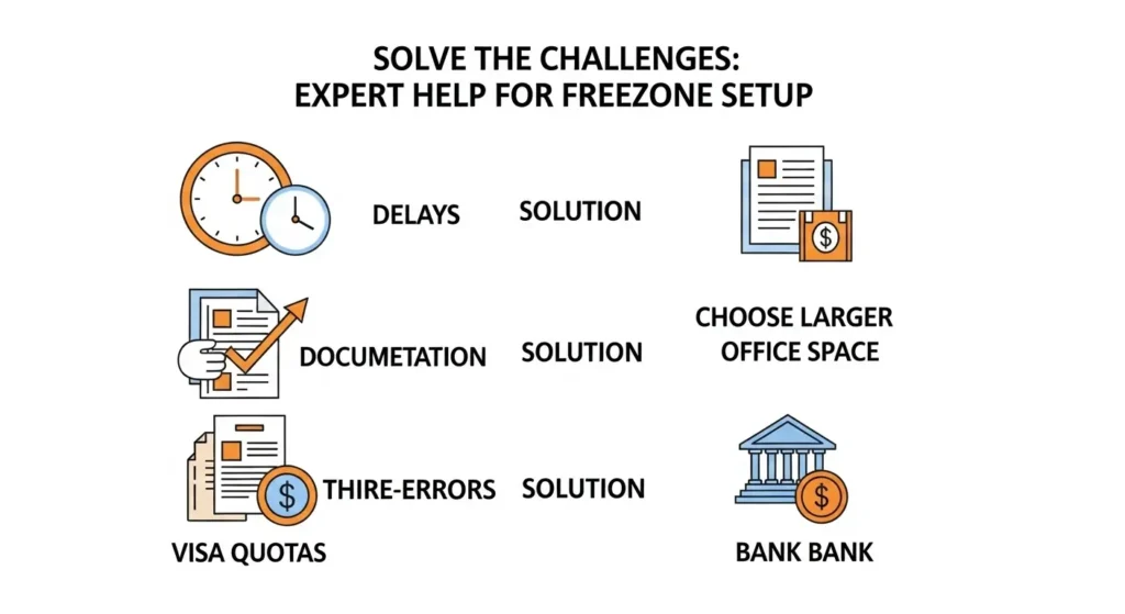 Common challenges in Dubai freezone company setup - visa quotas, documentation errors, banking hurdles.