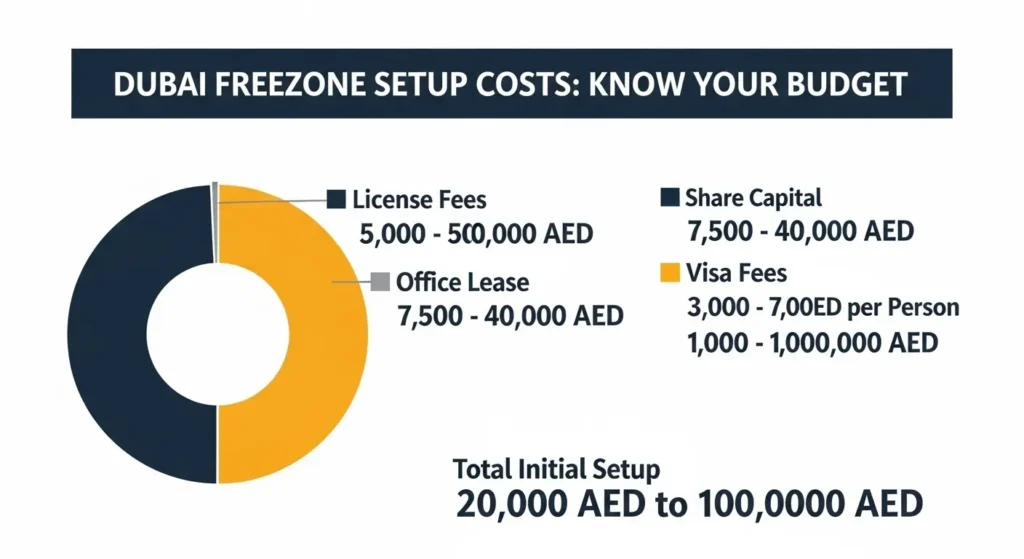 Cost breakdown for setting up a Dubai freezone company in 2025 - license fees, office space, visas, and share capital