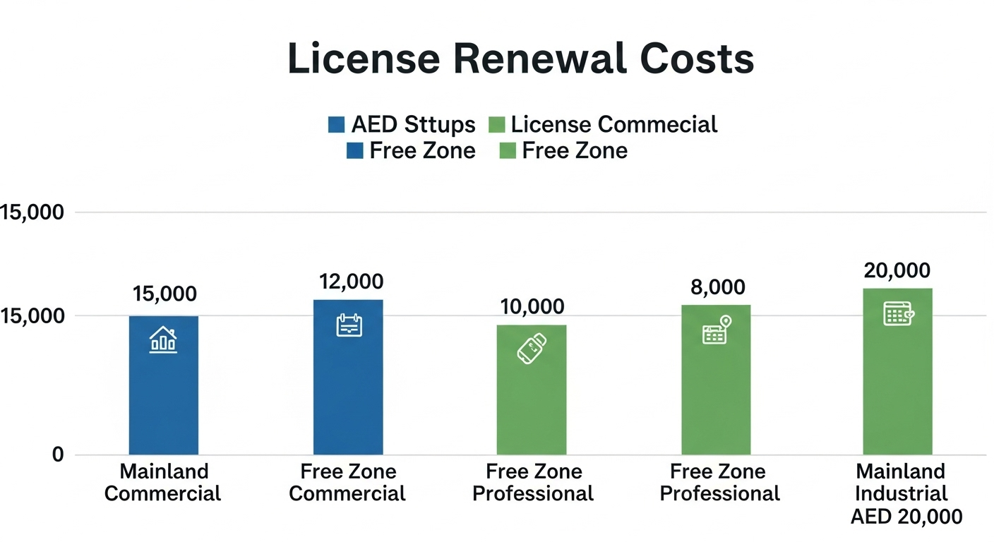 Bar chart showing UAE trade license renewal costs by business type and location.