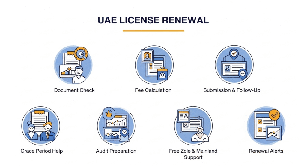 Icons showing full-service UAE license renewal support.