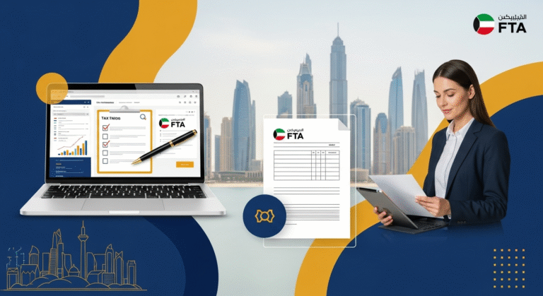 Business professional reviewing tax documents on a laptop with a Dubai skyline in the background, showcasing FTA compliance UAE for The Infinite Service in 2025.