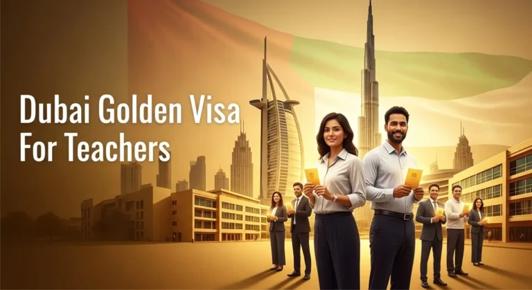 Group of outstanding educators in Dubai celebrating golden visa approval with Burj Khalifa backdrop, representing long-term residency opportunities for teachers in the UAE.