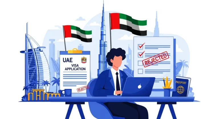 Person reviewing a UAE visa application on a laptop with a rejected stamp on a document, featuring Dubai’s Burj Khalifa and UAE flags in the background.